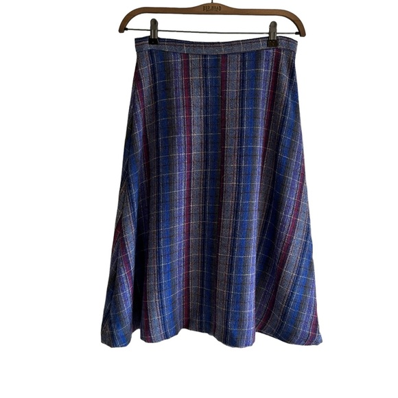 Vintage A-line Blue Midi  Wool Plaid Women's Skirt Size 12 - Picture 2 of 10